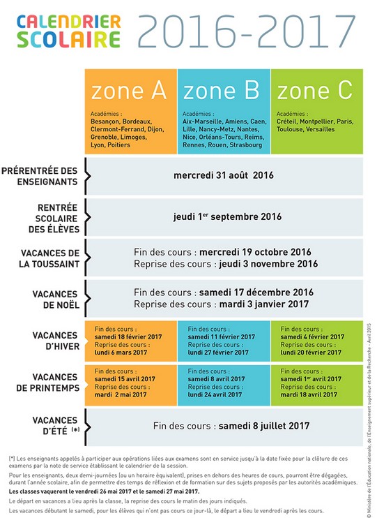 calendrier scolaire 2016 -17